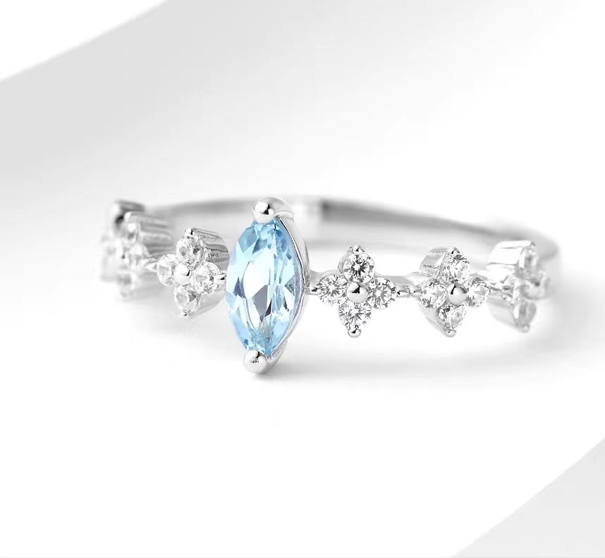 Pure natural aquamarine S925 silver crown ring original design temperament sweet and elegant women's model