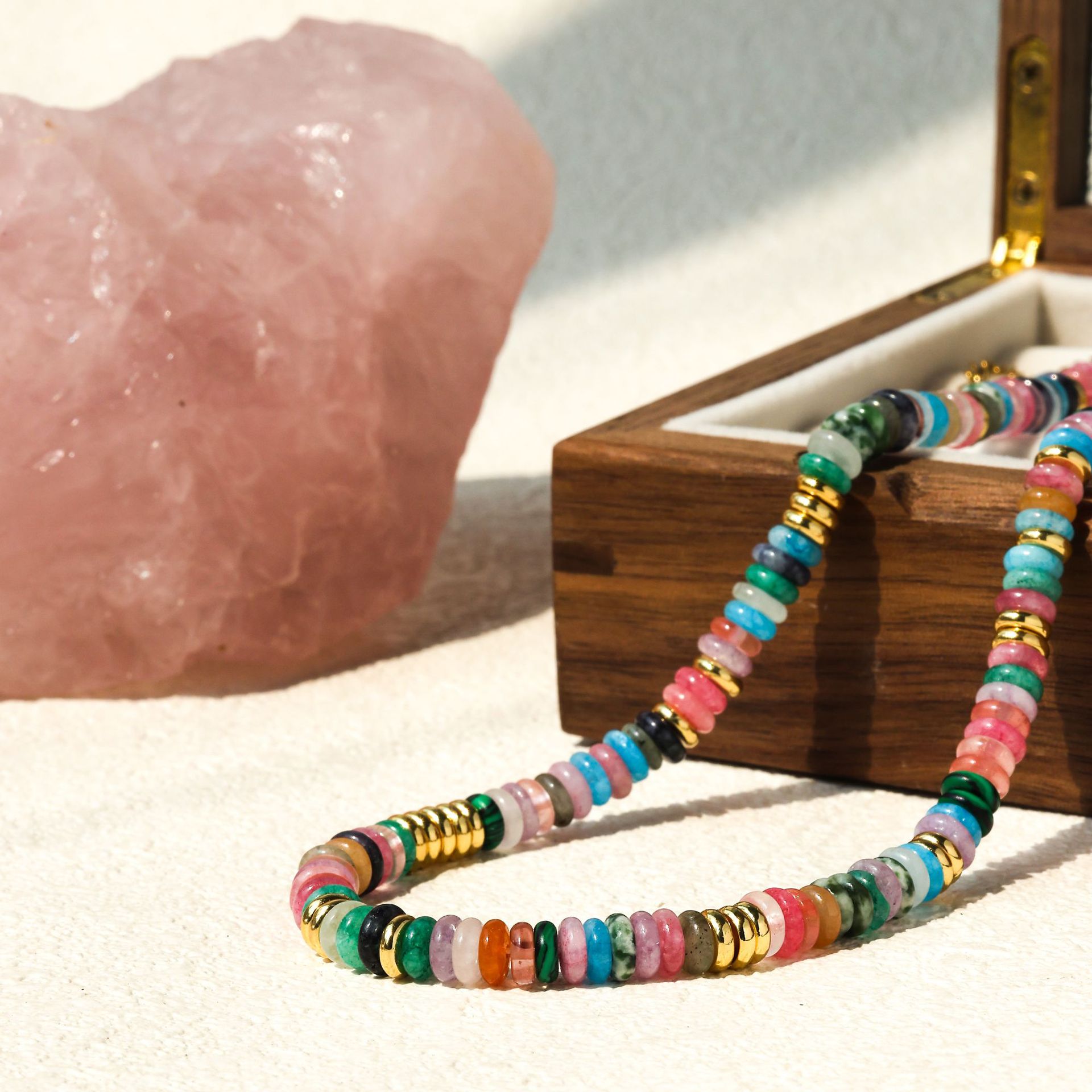 Bohemian colored natural stone necklace Dopamine Rainbow niche design Ethnic style fresh beaded collarbone chain