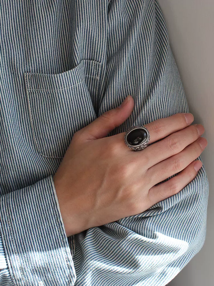 S925 sterling silver personality fashion wide version of the open ring exaggerated fashion black onyx six-character mantra ring men