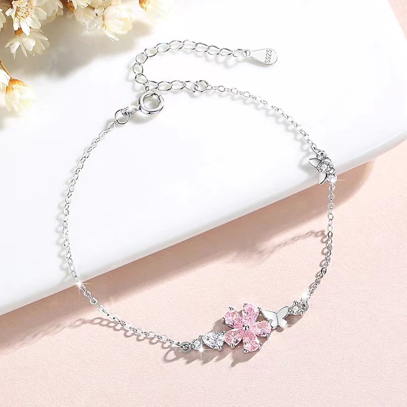 Sakura sterling silver 925 bracelet women's niche design light luxury pink zircon bracelet butterfly bracelet