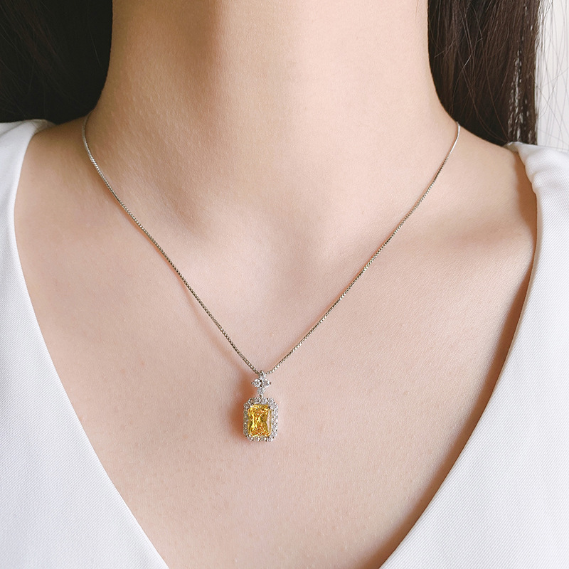 Jewelry New Caibao European and American Popular High Carbon Simulated Yellow Diamond 6 * 8 Rectangular Women's Pendant Necklace