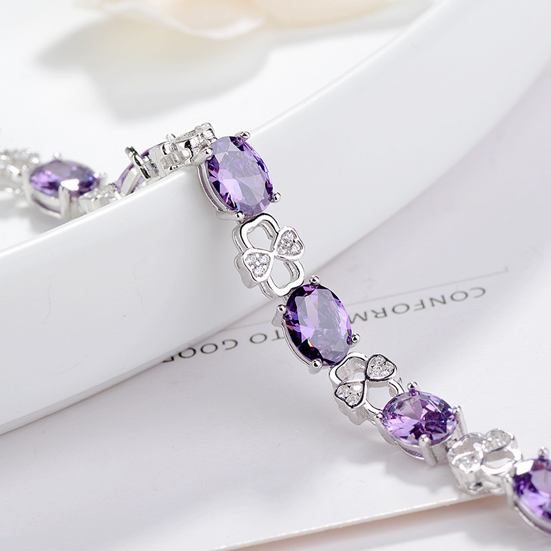 S925 Sterling Silver Bow Amethyst Egg-shaped Bracelet European and American Classic Popular Accessories