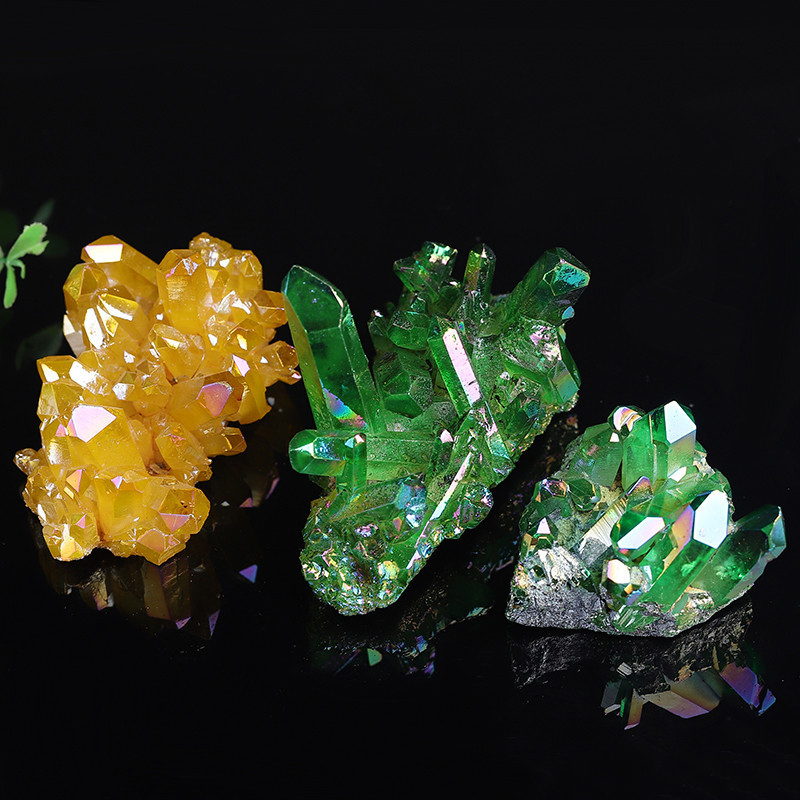 Natural electroplated white crystal cluster yellow green plated single-pointed crystal pillar home decoration handicraft ornaments