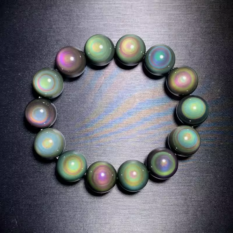 Collection-grade natural double rainbow Full Moon Obsidian bracelet Color obsidian bracelet for men and women couples