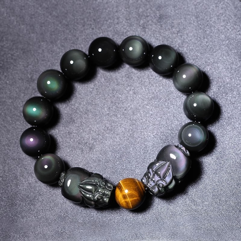 Natural obsidian double pixiu hand string 7A color obsidian double Pixiu Buddha Pearl tiger eye stone bracelet