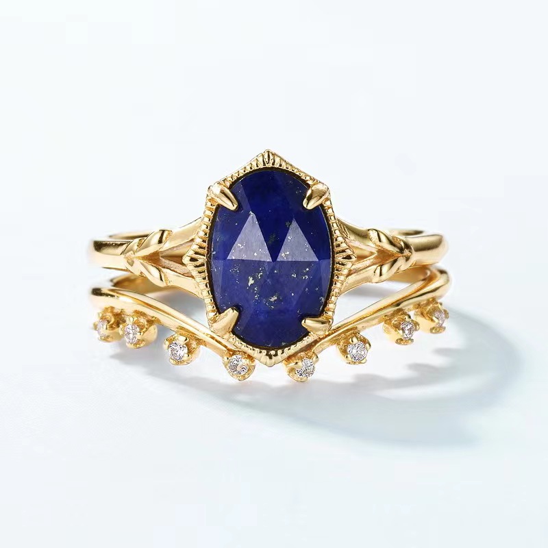 New Light Luxury Retro Natural Lapis Lazuli Stacking Set Ring, Japanese and Korean Style S925 Sterling Silver Colored Stone Ring, Adjustable Ring