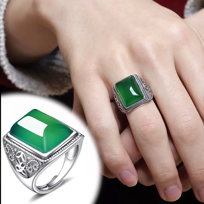 Chrysoprase S925 sterling silver set men's ring with open finger ring and emerald emerald saddle ring