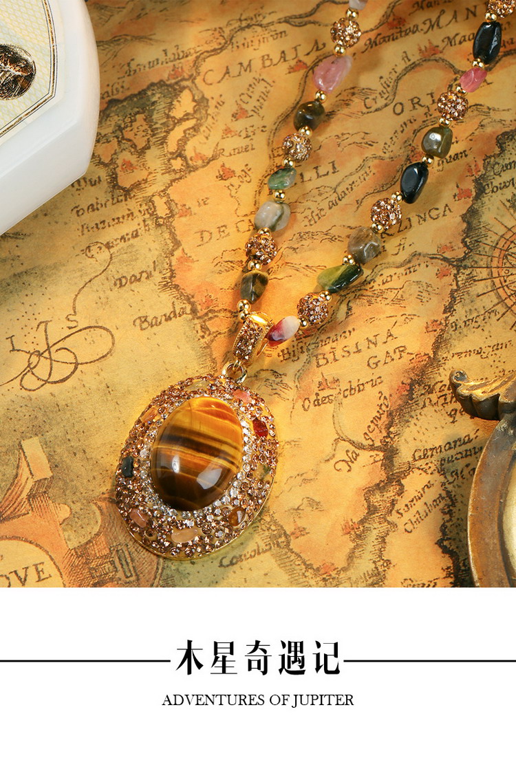 Vintage light luxury heavy work choker long necklace wood albeite tourmaline necklace