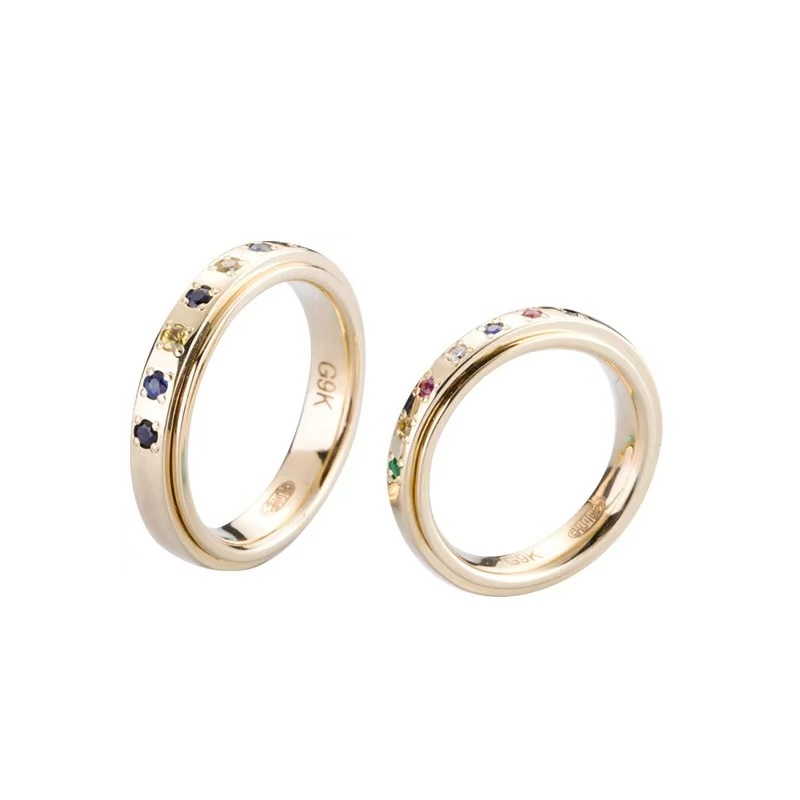 Six Words Mantra Gemstone Ring 9/18k Yellow Gold Pair Rings for Men and Women
