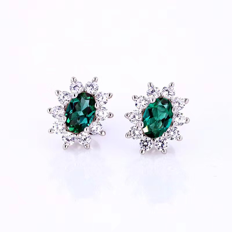Recycled Emerald Stud Earrings Lab Synthetic Recycled Oval Sterling Silver S925 Emerald Earrings