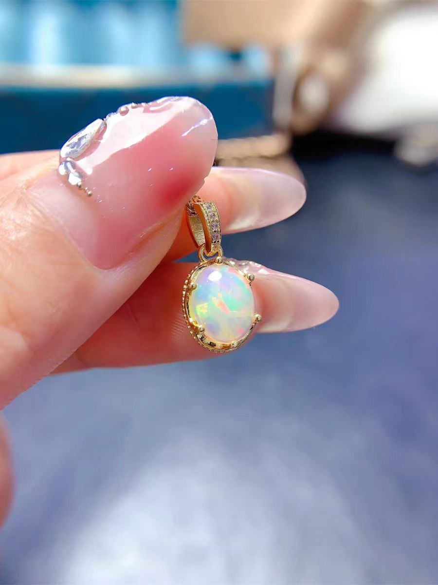 Natural colorful opal pendant necklace S925 silver colorful gemstonesSimple fashion style light luxury design clavicle chain