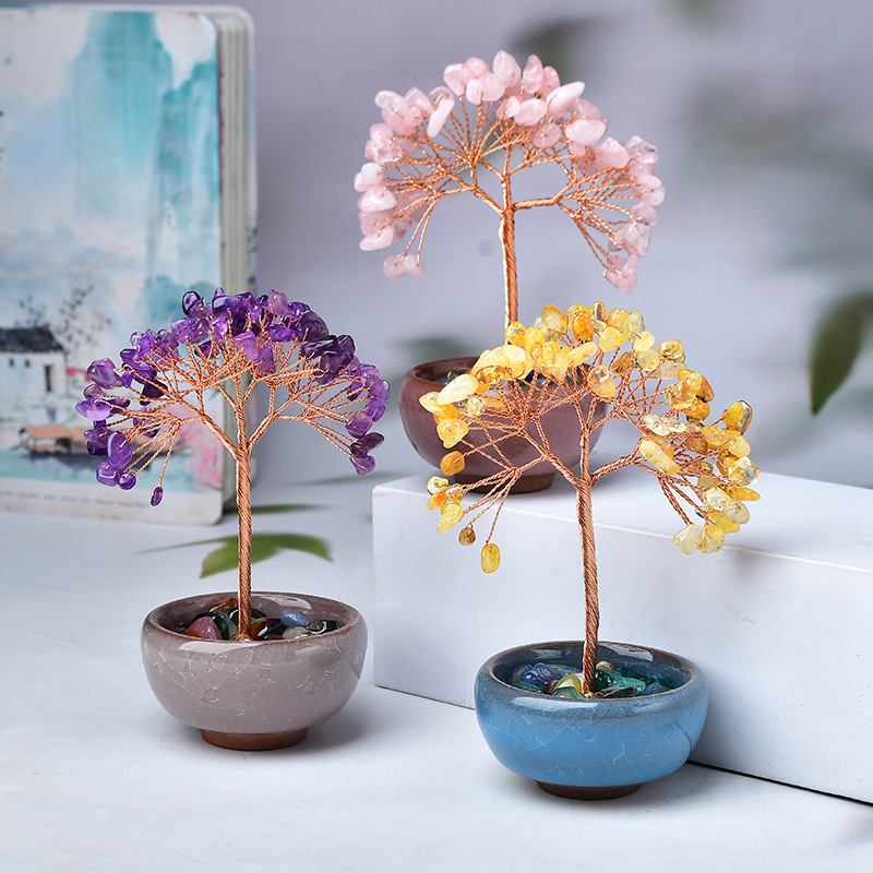 Natural yellow purple powder crystal stone stone peach blossom tree fortune tree ornaments home living room office gifts