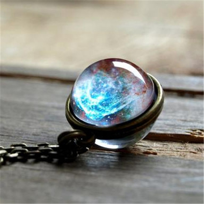 Cosmic Galactic Nebula double sided glass orb pendant necklace Ladies everything with vintage sweater chain