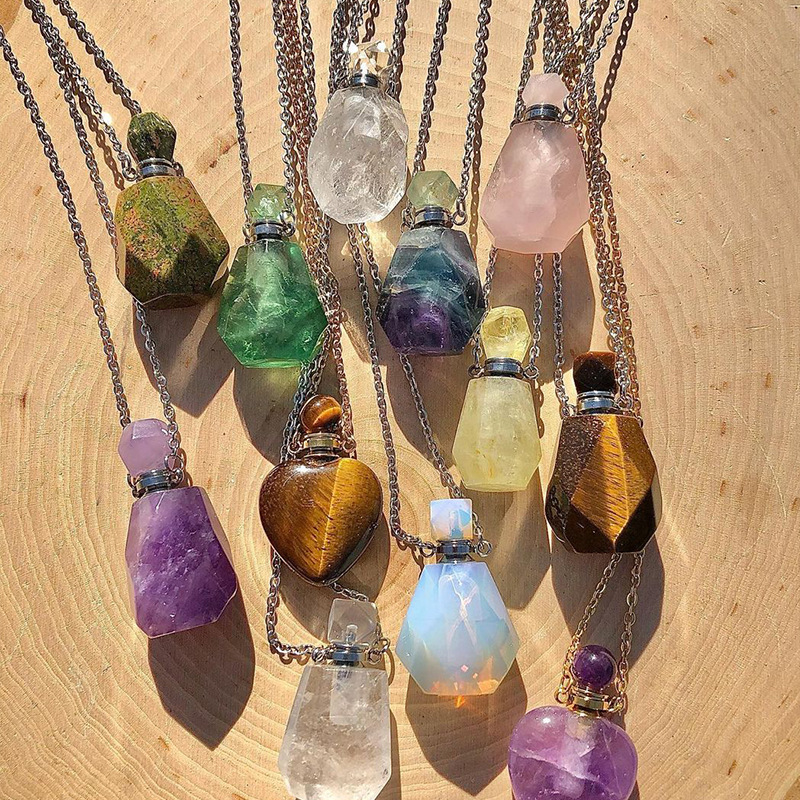 Natural stone perfume bottle Pendant Aromatherapy stainless steel necklace Crystal essence oil bottle necklace jewel perfume bottle