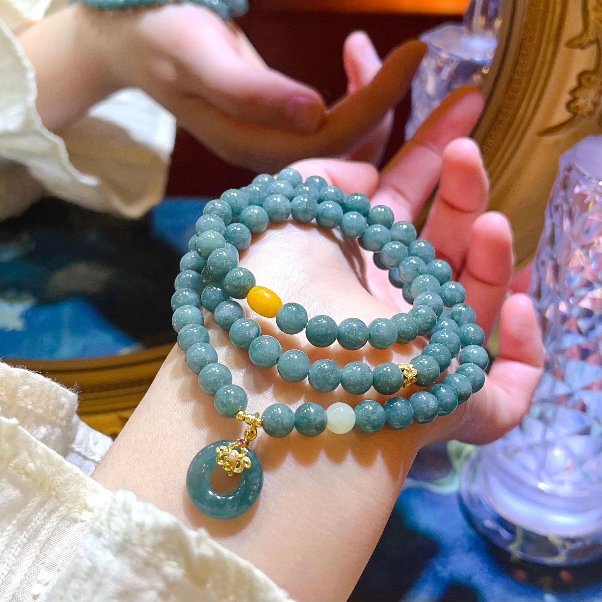 New Chinese Original Design Bracelet Women's Blue Water Jade Buddha Bead Bracelet Ping An Clasp Pendant Bracelet