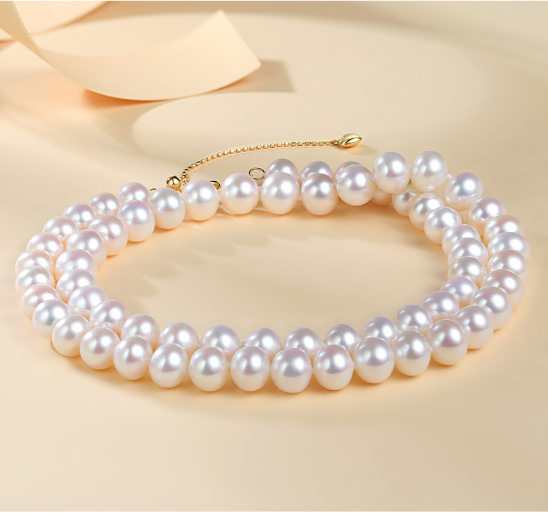 7-8mm Nearly Perfect Circle Boutique Seedless Freshwater Pearl Necklace 18K Gold Clavicle Necklace Women