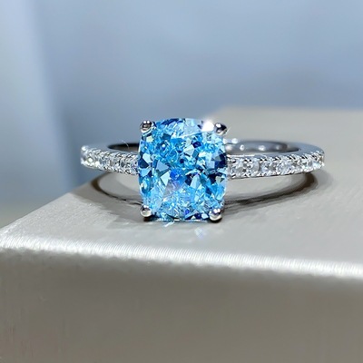 S925 Sterling Silver Aquamarine Ring Zircon Ring Alivemouth Ring Princess Four Prongs Blue Square Cushion Diamond
