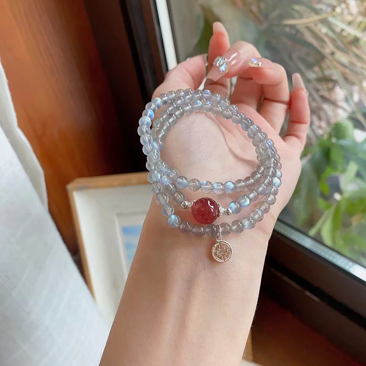 Natural Gray Moonlight Sea Three Circles Bracelet Women's Colored Moonstone Crystal