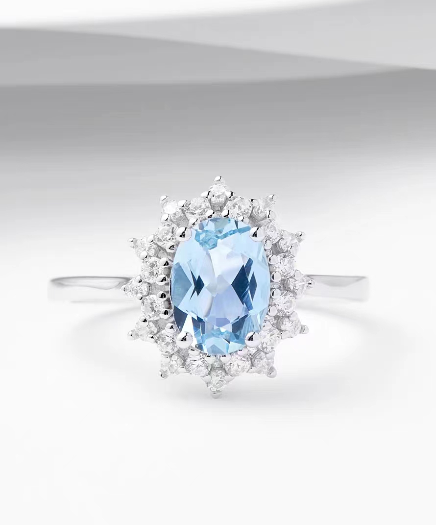 1.3 carat natural aquamarine Princess Diana 925 silver ring female gemstone