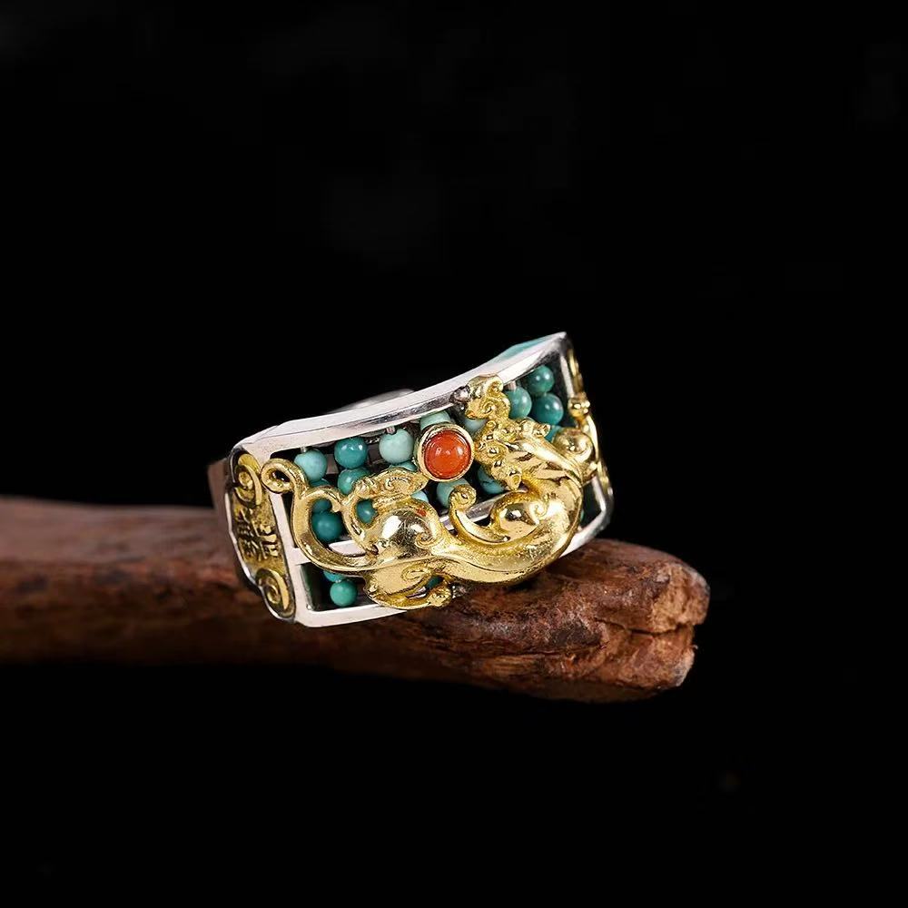 Fortune Pixiu turquoise sterling silver rings for men and women adjustable ethnic style