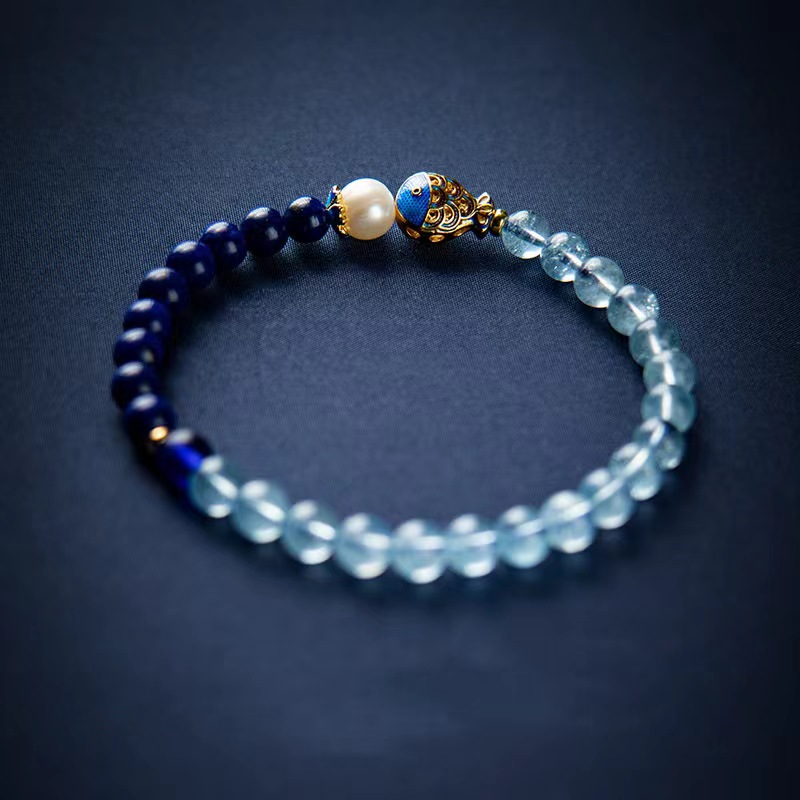 Lapis lazuli, aquamarine, crystal bracelet, enamel, color blue, simple fashion women's bracelet
