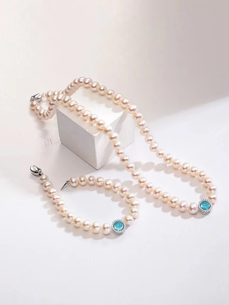 Faux aquamarine freshwater pearl necklace