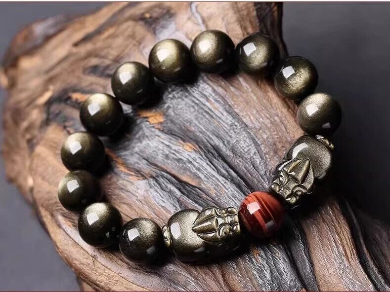 Natural obsidian double pixiu hand string 7A gold obsidian double Pixiu Buddha pearl tiger eye stone bracelet
