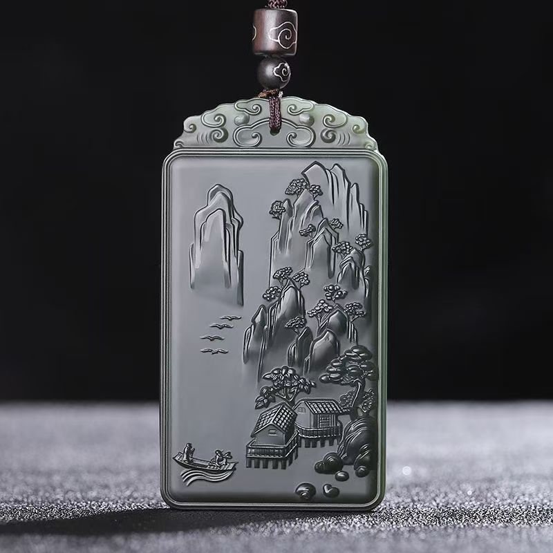 Hetian jade pendant new green jade landscape brand jade pendant jade high-grade double-sided workers men and women wear a certificate