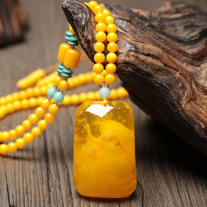 Amber beeswax Pendant Long chicken Oil Yellow drop pendant old beeswax Nothing sweater chain amber beeswax necklace