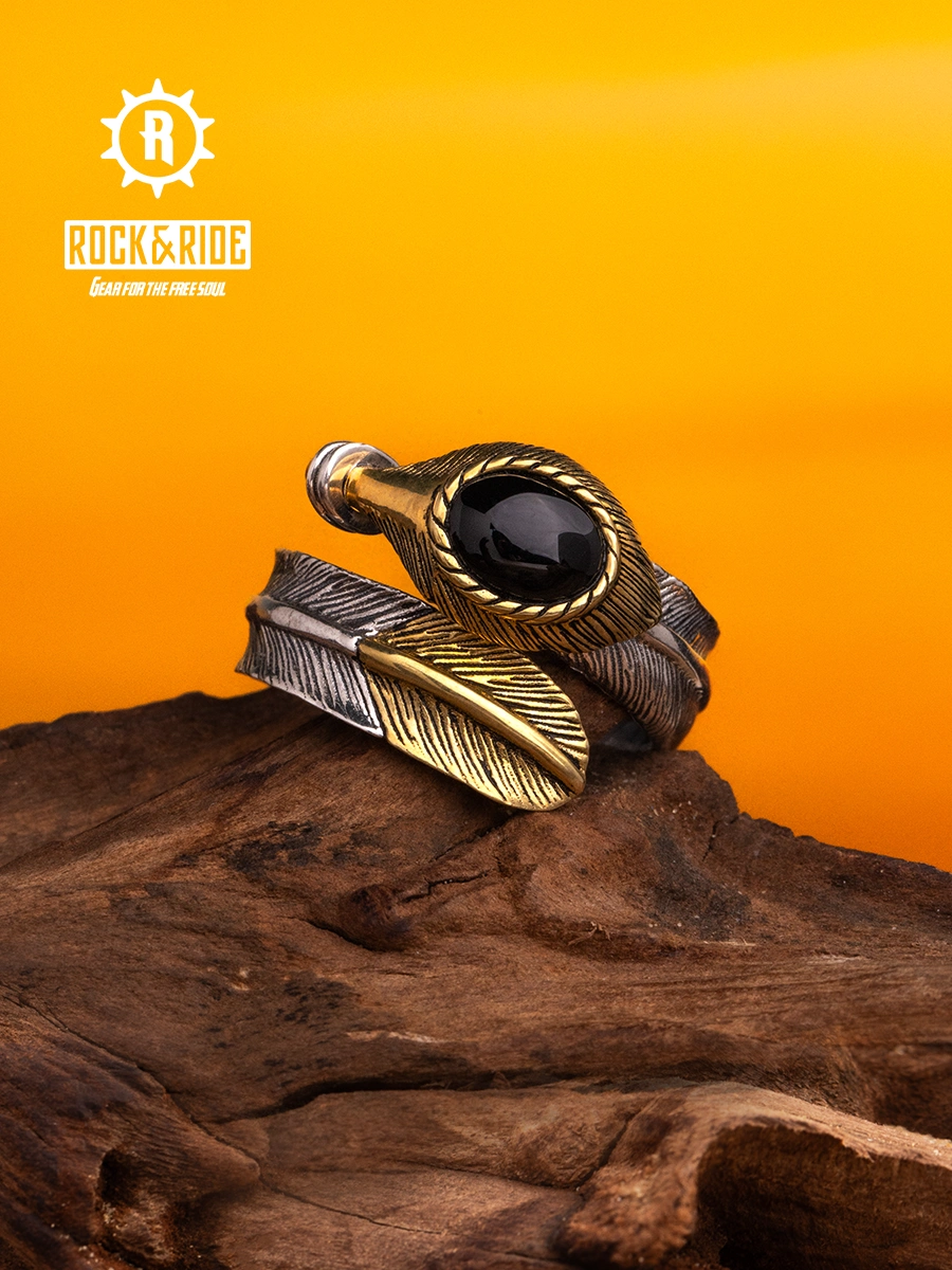 Obsidian feather ring sterling silver open men's hipster women's men's vintage