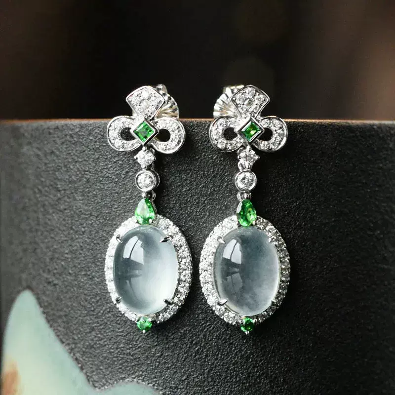 Ice seed egg face natural old pit jade egg face sterling silver gold-plated diamond earrings atmosphere high-grade