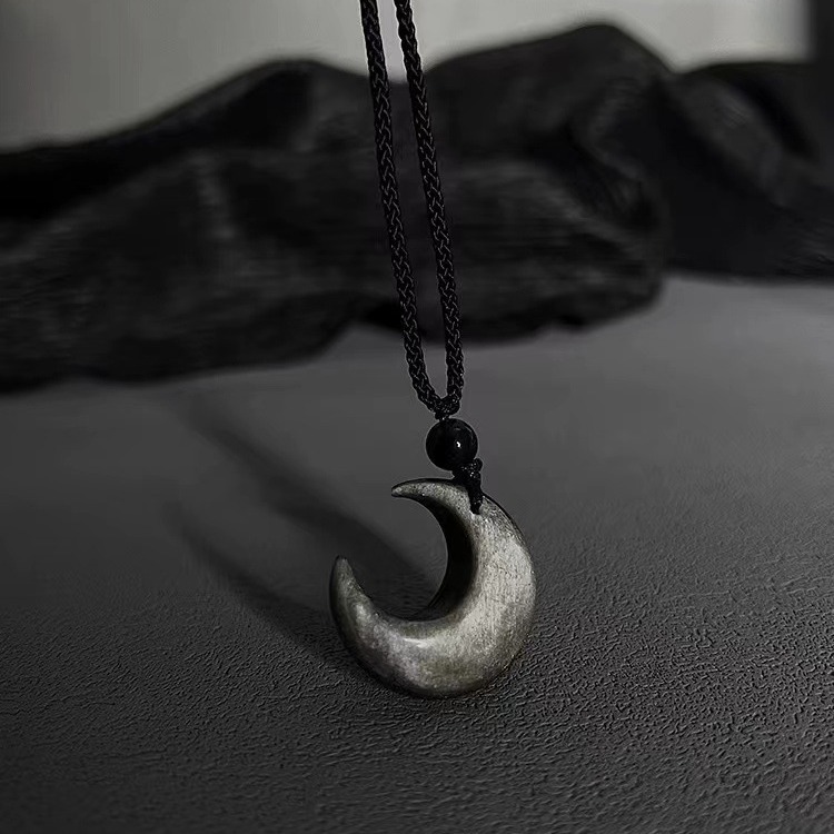 "Take off the moon for you" natural silver obsidian moon necklace lovers clavicle chain men's and women's pendants retro
