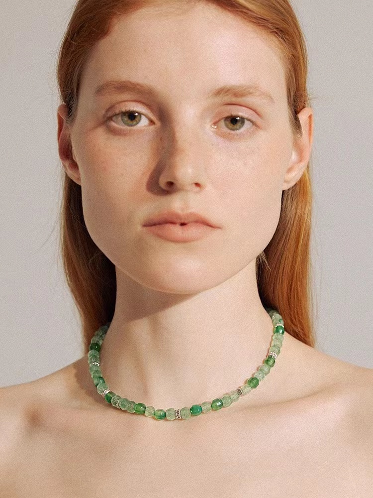 Gradient Natural Green Agate Beaded Necklace Women's Summer Premium Dopamine Neck Chain Clavicle Chain