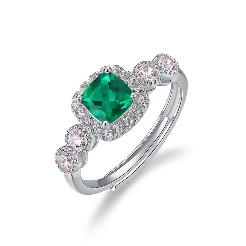 New cultivated emerald ring S925 silver full of colored gems open finger ring European and American retro light luxury