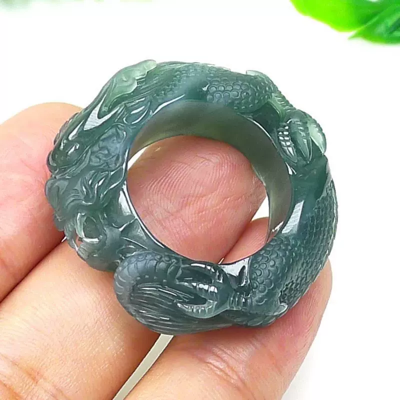 Natural jadeite handmade blue water business booming dragon ring inner ring genuine men's and women's high-end rings