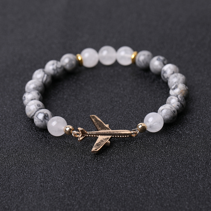 Gold Passenger Aircraft Shape map Stone beaded bracelet Bright Black stone with frosted black stone bracelet