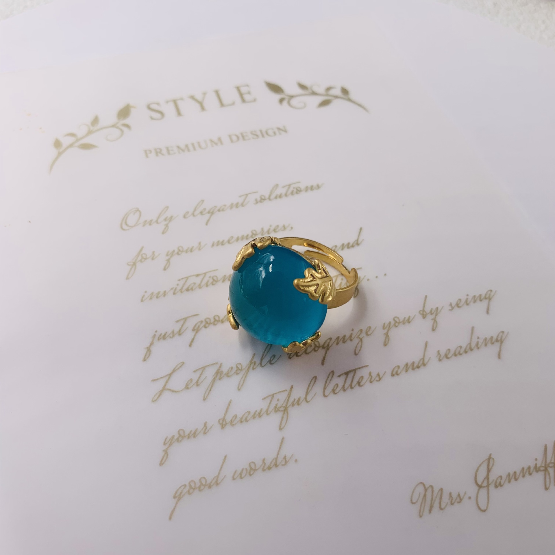 Medieval vintage western vintage pure copper lucite inlay set warm gold heavy duty haze blue ring