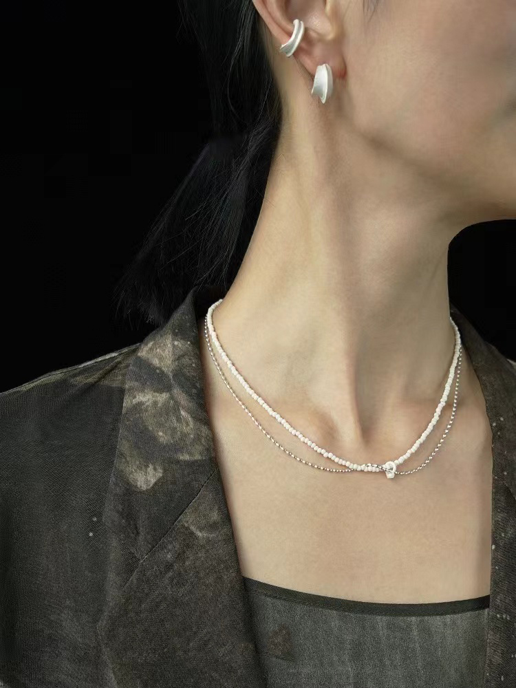 Sterling silver white turquoise double necklace 925 silver original design handmade texture clavicle chain
