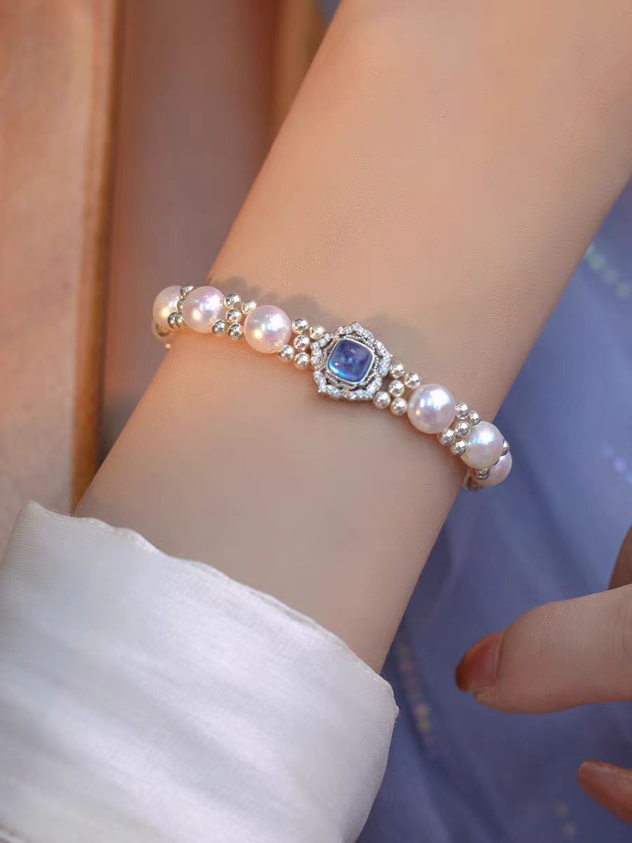 Aquamarine Natural Freshwater Pearl S925 Sterling Silver Bracelet Niche Personality Gift Light Luxury Women