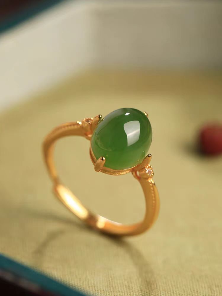 Natural Hetian jade pigeon egg sterling silver ring women's light luxury high-end jasper 18k gold jade emerald