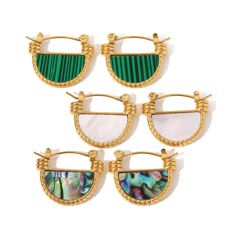 Niche retro natural magic color Abalone shell/white fritillaria/Green peacock stone fan-shaped pendant earrings high-grade sense