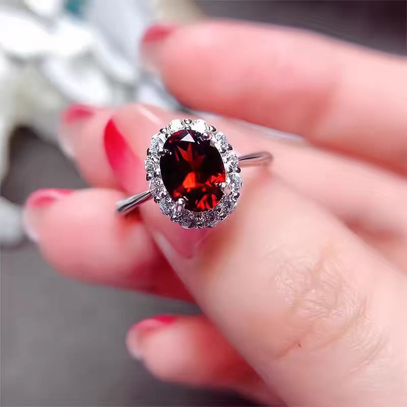 Natural pigeon red garnet ring women's s925 sterling silver simple statement gemstone open ring ring