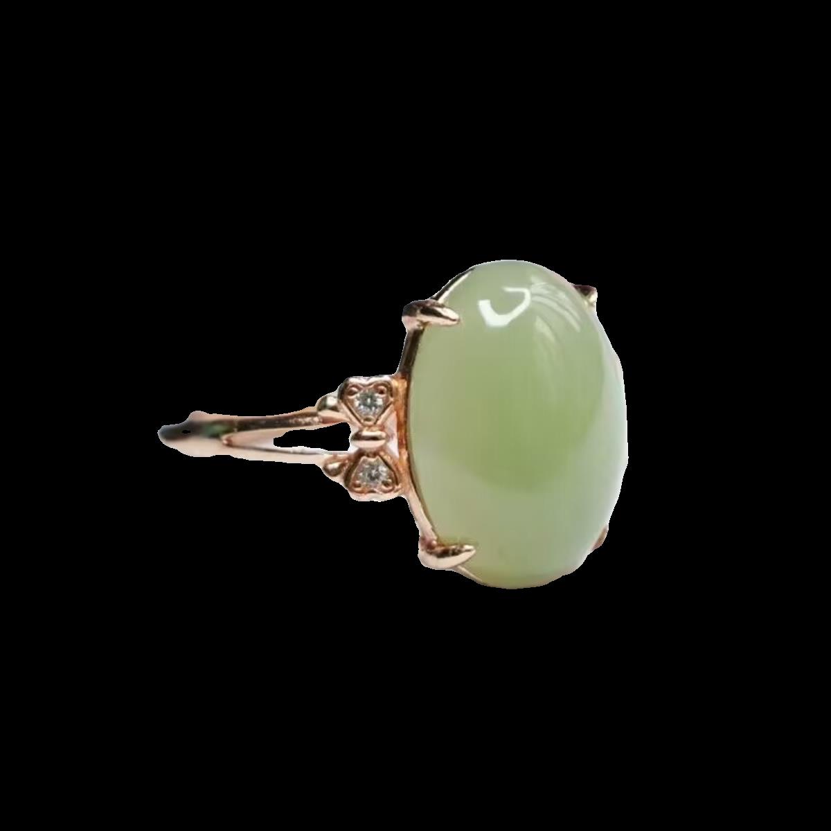 Xinjiang Hetian jade ring, women's mutton fat jade pigeon egg ring, light duck egg, blue silver inlaid jade ring
